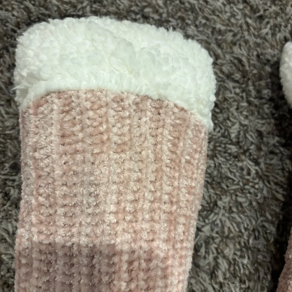 Cozy Pink Knit Slipper Socks with White Fleece Cuff